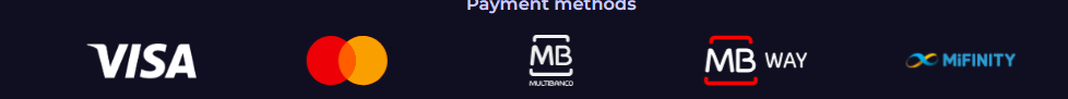 Payment methods section showing Visa, Mastercard, Multibanco, MB Way, and MiFinity logos on a dark background.