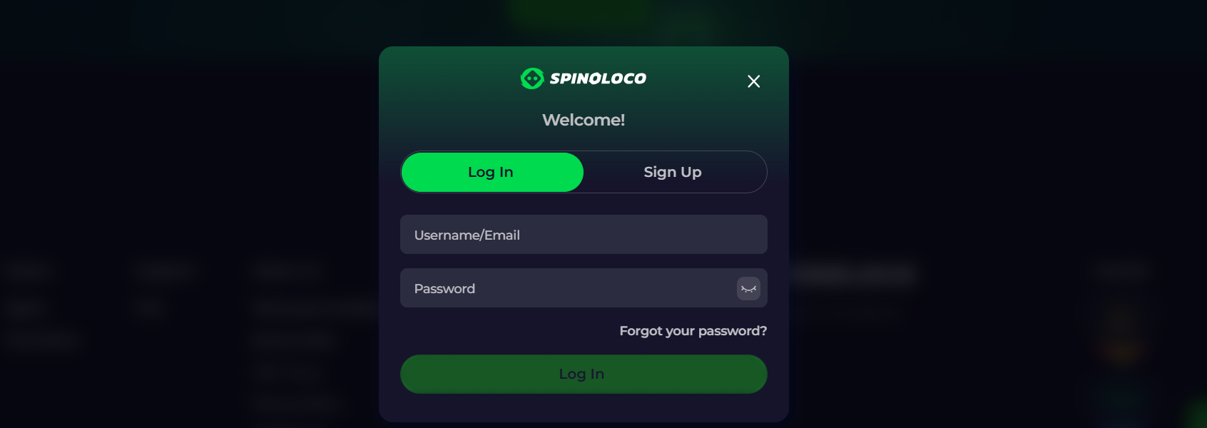 Spinoloco login popup with username or email and password fields, tab switch for Log In and Sign Up, forgot password link, and a green login button on a dark blurred background.