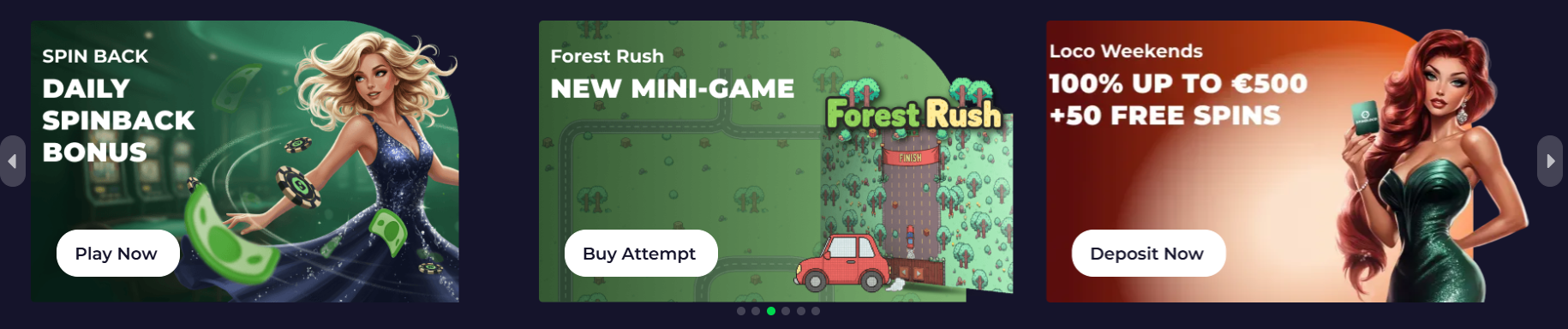 Casino banner slider featuring a daily spinback bonus, Forest Rush mini-game promotion, and a weekend offer with 100% up to €500 plus 50 free spins, each with call-to-action buttons.